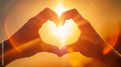 two hands forming a heart shape against a bright sunset background.