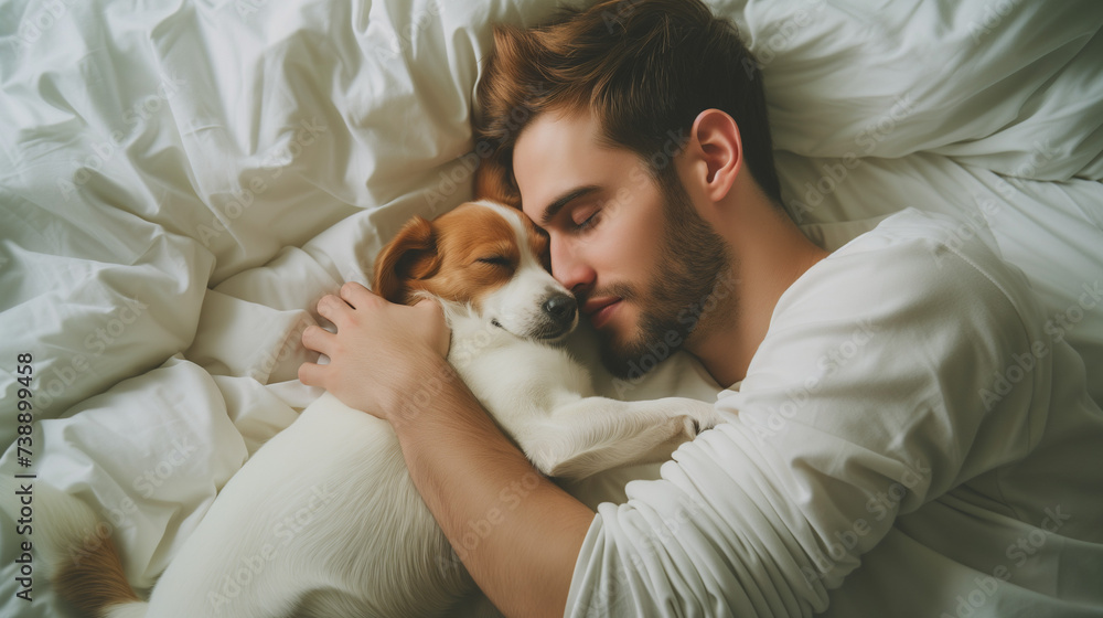 Young man and dog sleeping together in white bed at home,A Young Man and His Dog Enjoying a Peaceful Nap Together in a White Bed at Home - A Heartwarming Scene of Bonded Comfort Young man and dog sleeping together in white bed at home,A Young Man and His Dog Enjoying a Peaceful Nap Together in a White Bed at Home - A Heartwarming Scene of Bonded Comfort