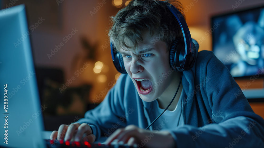 Young teenage boy plays computer games on laptop computer. The player is upset about the defeat. Crazy angry frustrated game addict teenager lost his computer Young teenage boy plays computer games on laptop computer. The player is upset about the defeat. Crazy angry frustrated game addict teenager lost his computer