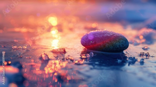 Zen rainbow stone resting on ice, capturing the tranquil transition from winter to the early onset of spring