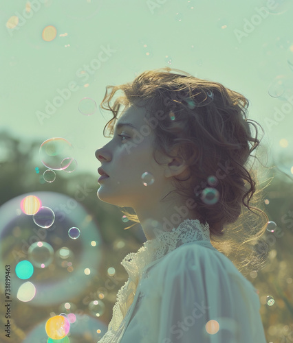 Beautiful young woman surrounded by soap bubbles