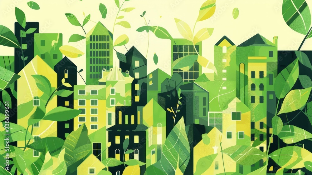 abstract illustration of a green eco-town, creatively embodying the ideals of sustainability