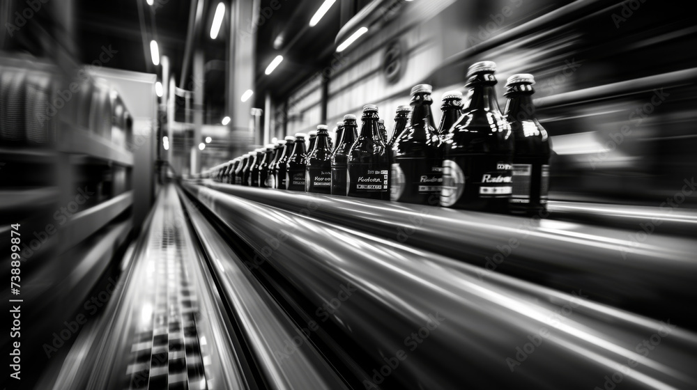 monochromatic, selective focus shot of a conveyor belt with a multitude of glass bottles in a production line setting