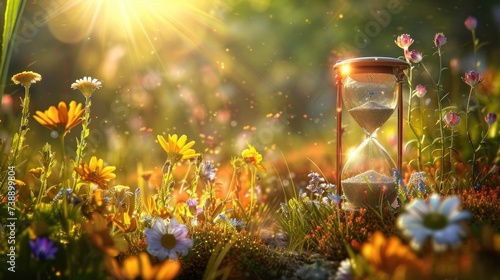 A poetic visual metaphor featuring an hourglass with sun and flowers, capturing the essence of time and the advent of spring