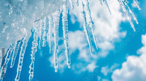 Melting icicles set against a crisp blue sky mark the onset of spring thaw, symbolizing the transition from the cold grip of winter