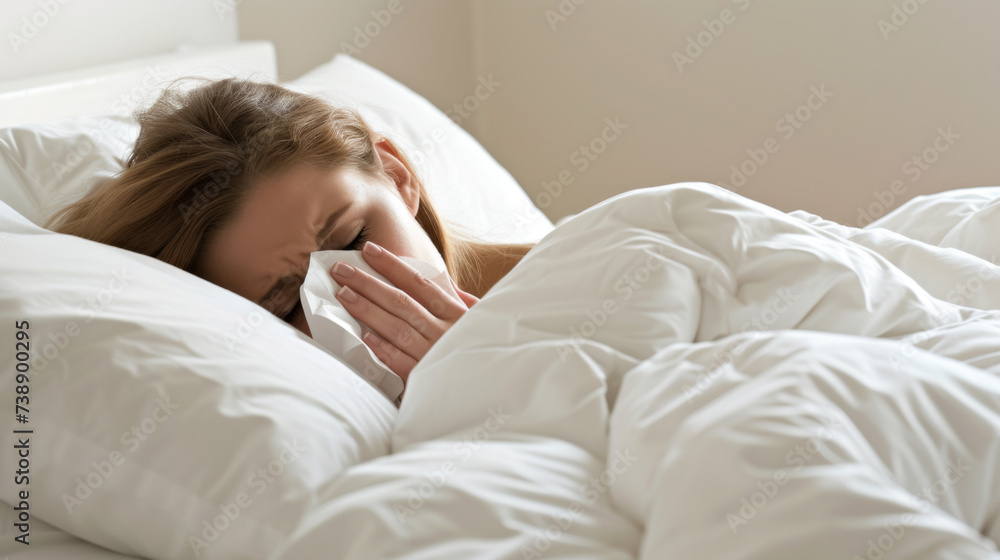 woman lying in bed, blowing her nose into a tissue, suggesting she might be unwell, possibly with a cold or allergy. woman lying in bed, blowing her nose into a tissue, suggesting she might be unwell, possibly with a cold or allergy.