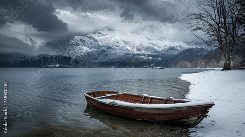 The onset of winter, with a lone rowboat in the foreground