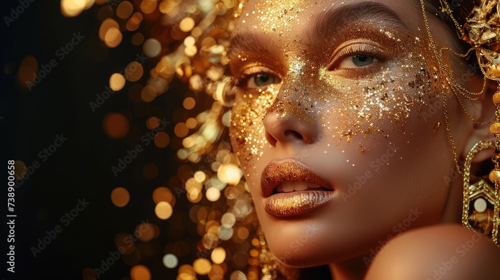 A golden woman. Beauty model girl with golden makeup and hair on black background A golden woman. Beauty model girl with golden makeup and hair on black background