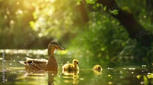 Duck family enjoy summer pond.