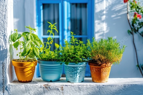 Fresh green herbs basil, rosemary and coriander in pots on the terrace of a Greek house
