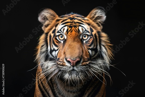 Front view of Sumatran tiger isolated on black background. Portrait of Sumatran tiger (Panthera tigris sumatrae) © Lubos Chlubny