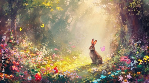 A rabbit sitting in a forest with butterflies