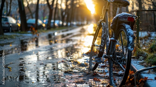 The thawing bike path and sidewalk, gradually emerging from winter's grip, beautifully illustrate the concept of spring's onset