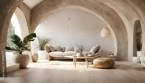 Ultra realistic  photo of Modern take on  bali inspired low ceiling small apartment white cream stone, light wood round arches interor view of office. © Zulfi_Art