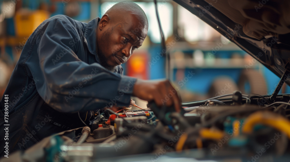 mechanic deeply focused on his work, inspecting or repairing a vehicle in an auto repair shop. - obrazy, fototapety, plakaty 