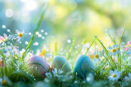 serene Easter morning scene in a blurred garden setting, with dew-kissed grass and pastel eggs nestled among the flowers.