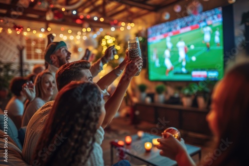 A jovial crowd of friends is raising glasses in a toast while attentively watching a soccer game on a television in a cozy bar decorated with lights. AIG41 © Summit Art Creations