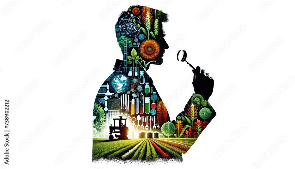 Scientist Silhouette with Agricultural and Research Symbols