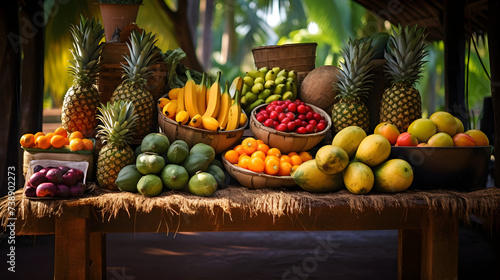 Exotic Delights: A Vibrantly Loaded Tropical Fruit Stand Amidst Lush Greenery
