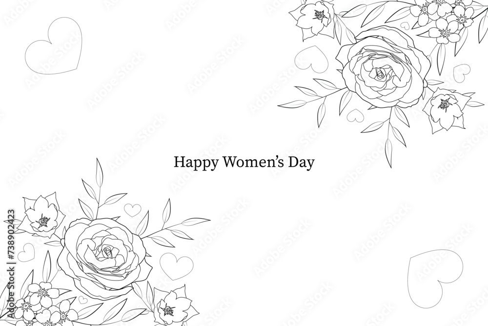 Womens day card with an inscription and flowers made of black and white lines