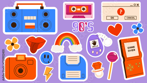 Vector illustration of a set of 90s-80s stickers.
Trendy 90s retro vector stickers, cool funny icons.
