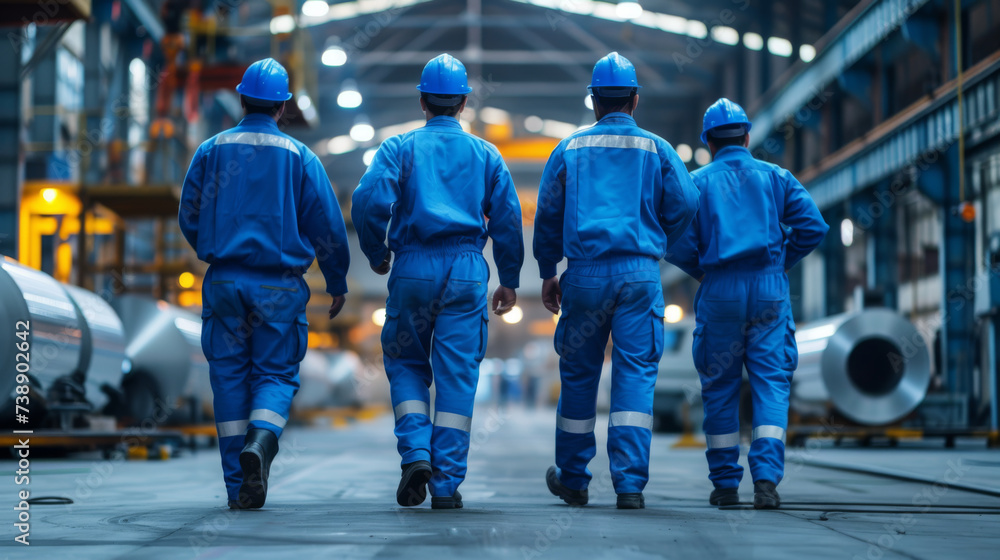 Obraz premium industrial workers in blue uniforms and hard hats walking away in a large industrial facility or factory