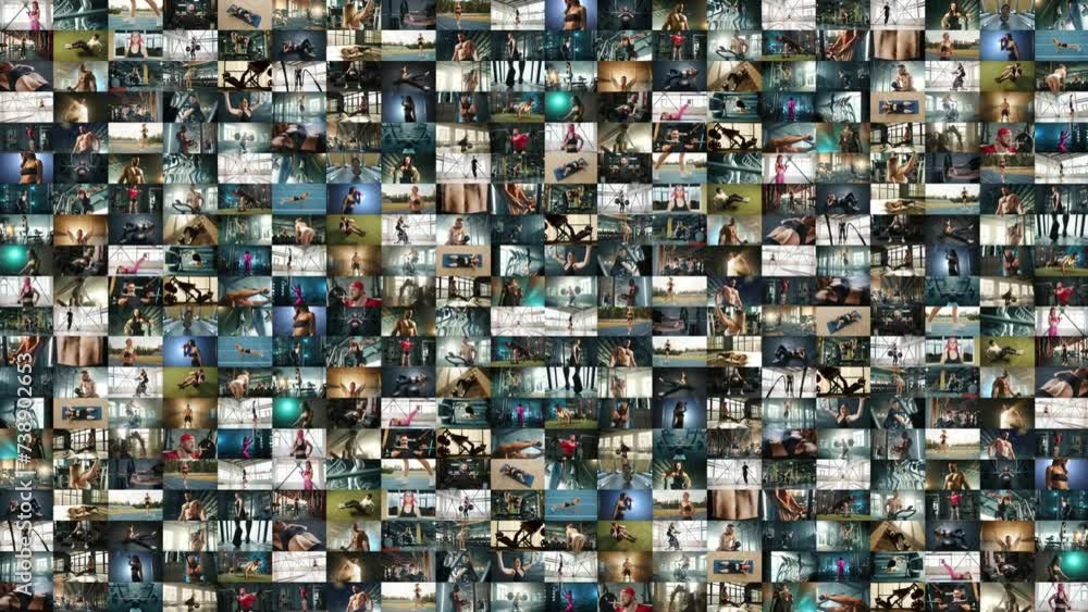 A collage of 400 videos where diverse people engage in sports activities in various gyms. Men and women of different ages perform various exercises, demonstrating their aspiration to improve. A collage of 400 videos where diverse people engage in sports activities in various gyms. Men and women of different ages perform various exercises, demonstrating their aspiration to improve.