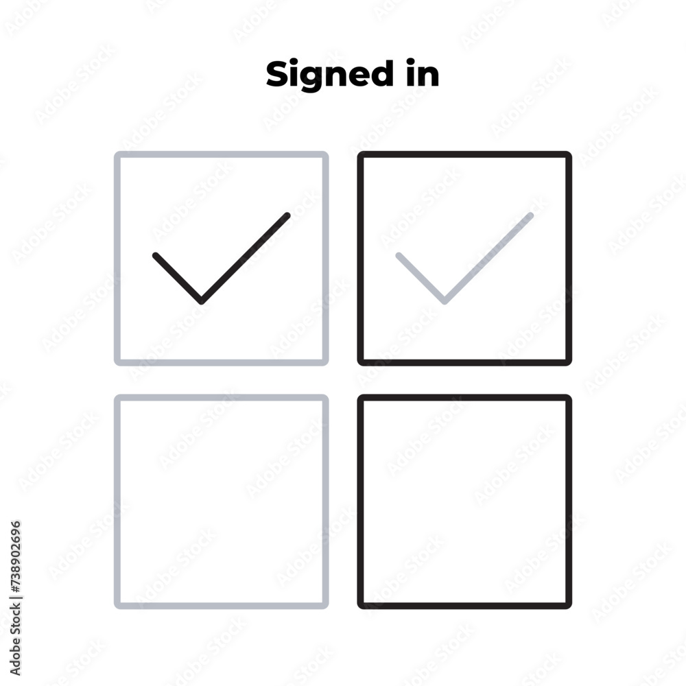 Signed in element. Check mark in a square. Icon for ui. Related to basic web elements. Simple site, thin line illusstration. Isolated on white. can be used for any platform and purpose. Vector EPS 10 Signed in element. Check mark in a square. Icon for ui. Related to basic web elements. Simple site, thin line illusstration. Isolated on white. can be used for any platform and purpose. Vector EPS 10