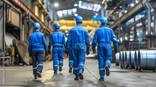 industrial workers in blue uniforms and hard hats walking away in a large industrial facility or factory