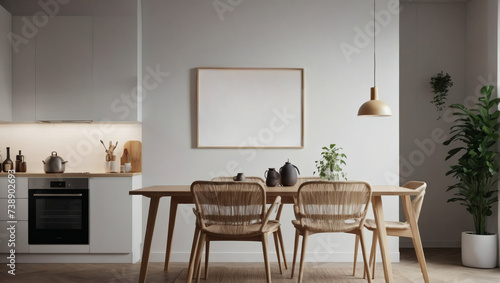 Horizontal ISO A1 frame mockup, reflective glass, mockup artwork in a contemporary kitchen. Interior mockup. Scandinavian-inspired interior design. 3D render.  © xKas
