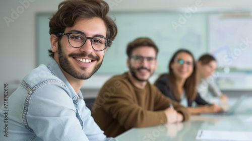 group of young professionals or students in a collaborative setting, with a focus on a young man in glasses smiling at the camera.