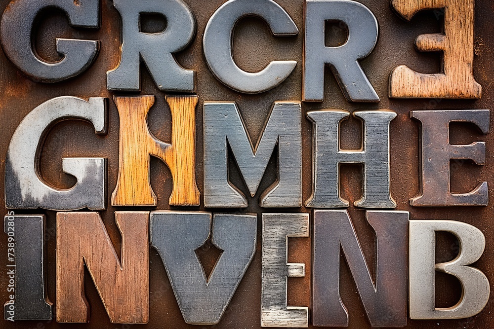 A random arrangement of metal letters forming the word Grocer Ghime. A random arrangement of metal letters forming the word Grocer Ghime.