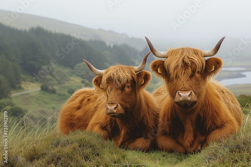 Two brown cows peacefully lying down in a grassy field. photo