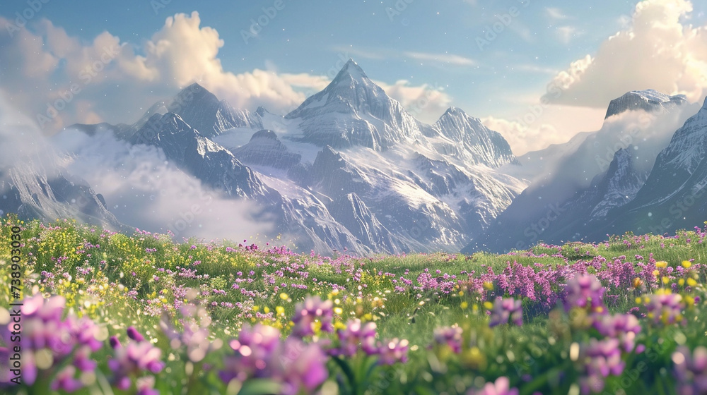 Idyllic mountain landscape of Alps with blooming meadows in springtime - obrazy, fototapety, plakaty 