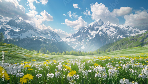 Idyllic mountain landscape of Alps with blooming meadows in springtime