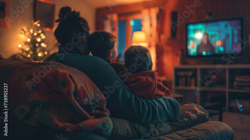 Single mom watches TV with 2 young boys over Christmas Holidays