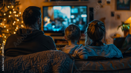 Young family watches TV on the couch over Christmas Holidays