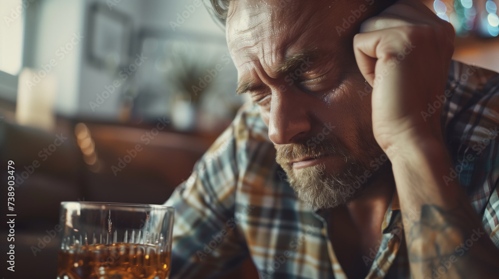 Pensive Middle-Aged Man with Beard Contemplating Over Whiskey Glass. Pensive Middle-Aged Man with Beard Contemplating Over Whiskey Glass.