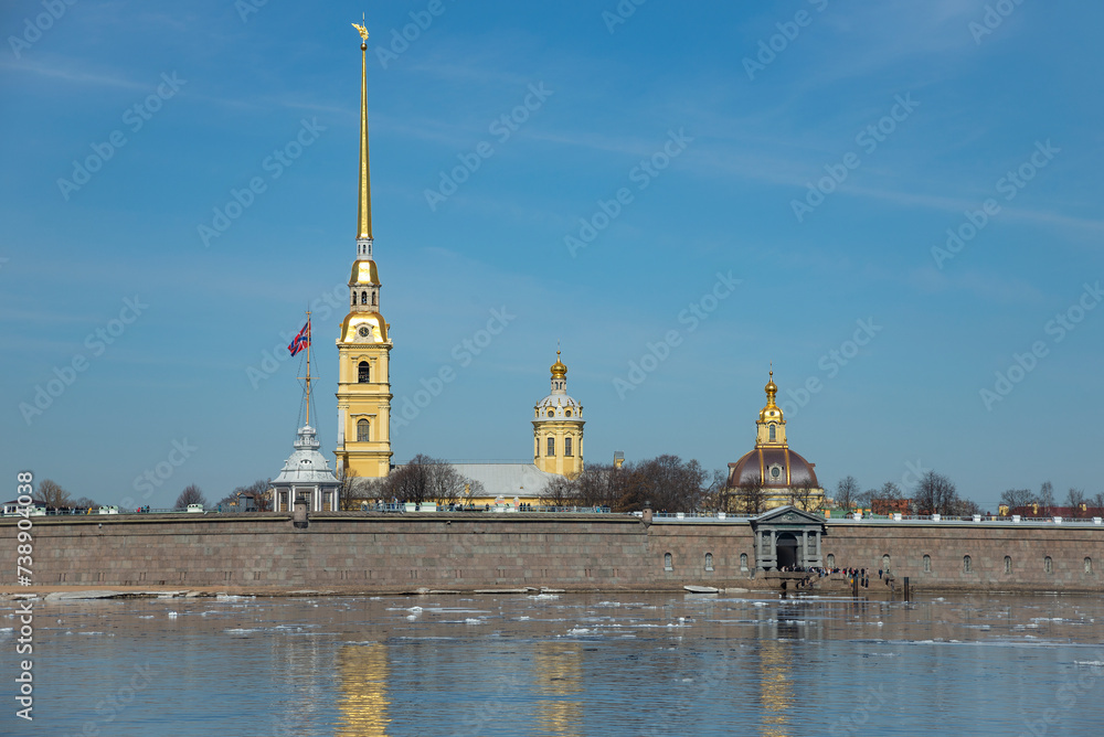 Spring day at the walls of the Peter and Paul Fortress. Saint Petersburg, Russia
