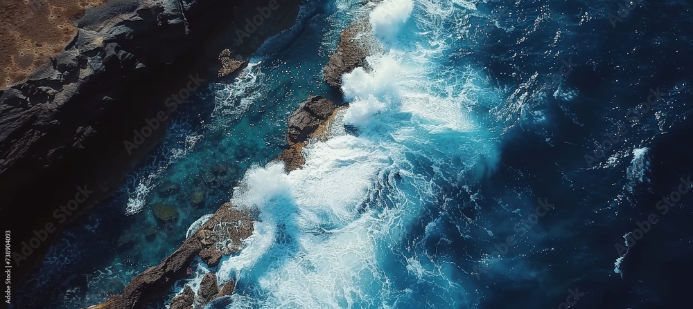 Aerial perspective of waves crashing against clean turquoise rocks on the shore of the ocean