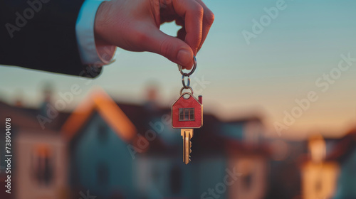 A hand holding a house-shaped keychain and key against a blurred residential backdrop at sunset.