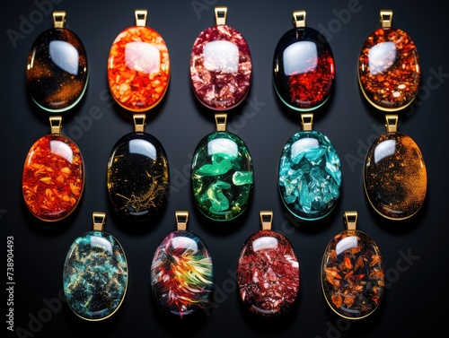 Different Pendants of Pink, Blue and Green Color on Black Stone Background, Bijouterie