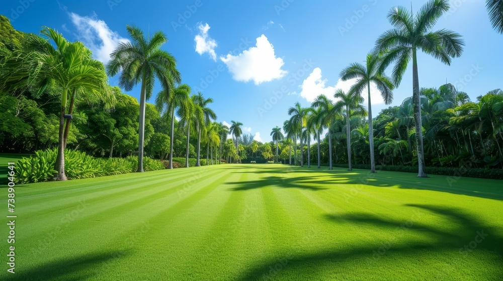 Panoramic view of a lush green golf course, providing a stunning landscape for enthusiasts to enjoy. Panoramic view of a lush green golf course, providing a stunning landscape for enthusiasts to enjoy.