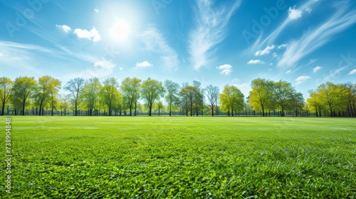 Panoramic golf course view with lush green turf under a beautiful sky, creating stunning scenery. photo