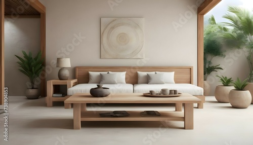 Ultra realistic photo of bali inspired cream stone  light wood furniture