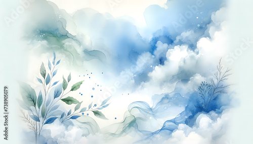 Abstract watercolor landscape with billowing blue clouds, delicate foliage, and flowing lines in a serene, natural composition.