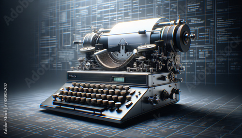Telex machine in a modern, minimalist style with vibrant colors and intricate details.