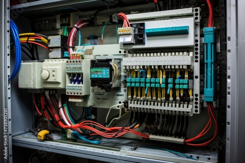 A Detailed View of a Modern Programmable Logic Controller (PLC) in an Industrial Setting, Surrounded by Wires and Other Electrical Components