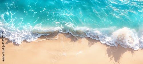 Aerial view of coastal beach with white yellow sand  blue ocean waves  and summer seascape.