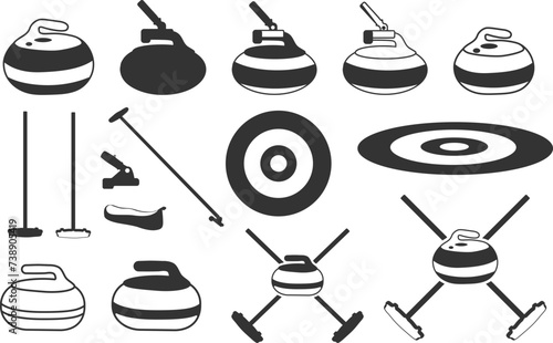 Curling sports equipment silhouette, Silhouette of curling stone, Delivery stick, Curling broom, Curling sheet etc, Curling equipment svg, Curling silhouette